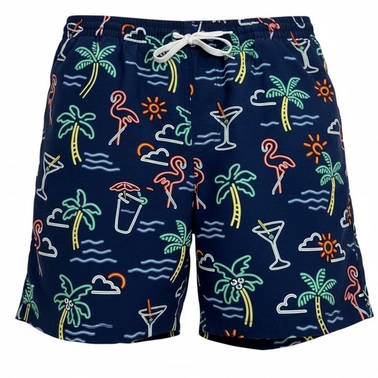 Chubbies Mens Xl Navy Neon Flamingo Palm Tree Cocktail Swim Trunks Shorts
